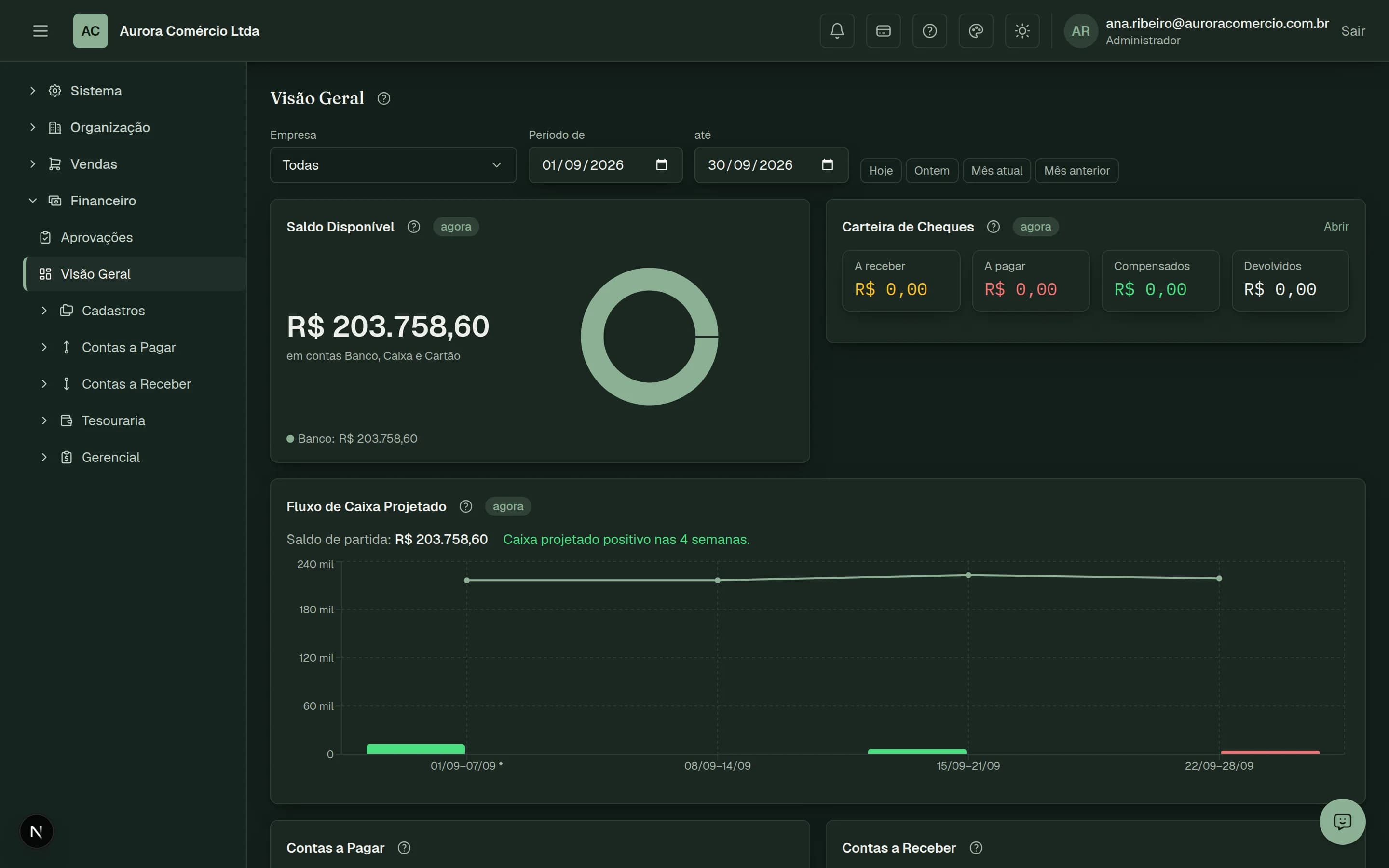 Visão Geral do ContaFort: saldo consolidado, fluxo de caixa projetado e carteira de cheques